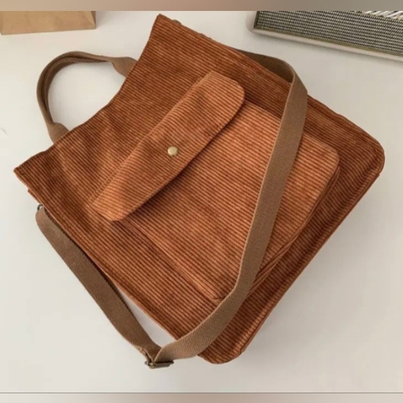 Vintage Retro Urban Chic Brown Chestnut Corduroy Crossbody Bag Minimalist Tote - Picture 6 of 16